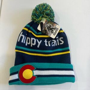 Hippy Trails Pom Pom Beanie Winter Striped Blue Colorado Logo Text Hat NWT